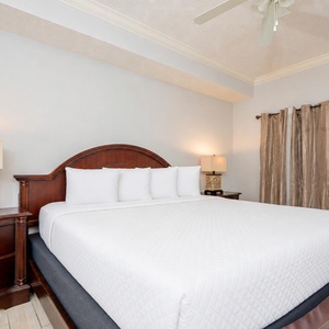 Rest in the inviting master bedroom featuring a fluffy king bed and soft lighting, perfect for a peaceful night's sleep