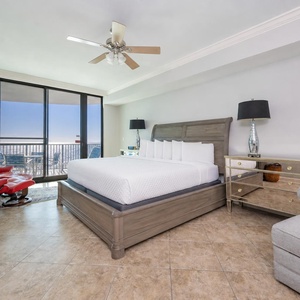 The king master suite offers you plush rest and peaceful mornings with gulf coast views from your balcony seating