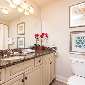 This bathroom features elegant granite countertops, stylish decor, and a bright, welcoming atmosphere