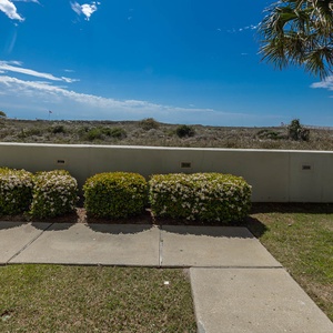 Lush greenery and blooming flowers line the walkway leading to a view of the beach and bright blue sky in the distance