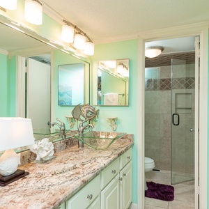 Refreshing master bathroom featuring a stylish vanity and a walk-in shower with elegant tile accents