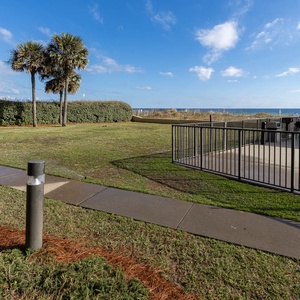 A grassy area with palm trees and a view of the beach surrounding the pool area patio with grilling facilities
