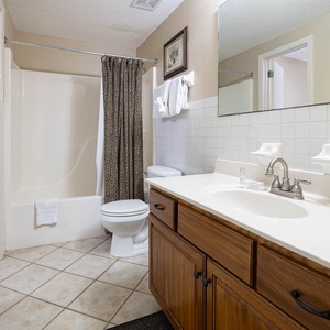 Guest bathroom featuring a spacious vanity, a relaxing tub-shower combo, and elegant decor accents
