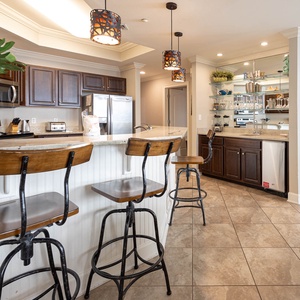 The kitchen features dark cabinets, stainless appliances, granite countertops, and a wet bar for a delightful experience