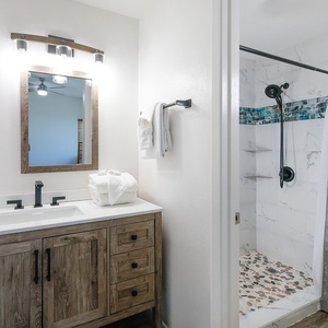 Modern master bathroom featuring a stylish walk-in shower with elegant tile and a sleek vanity with natural wood accents
