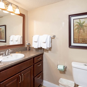 Stylish guest bathroom featuring a large mirror, decorative art, and ample towels on display, enhancing the relaxing vibe