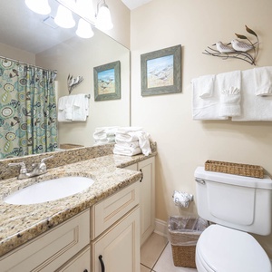Refresh in this guest bathroom featuring a granite countertop, decorative art, and soft towels for your comfort