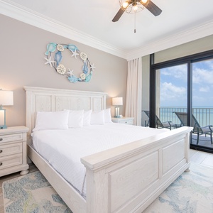 Rest peacefully in this king master suite with the sights and sounds of the coast from your balcony