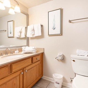 Guest bathroom featuring a spacious countertop, decorative artwork, and neatly arranged towels for a refreshing retreat