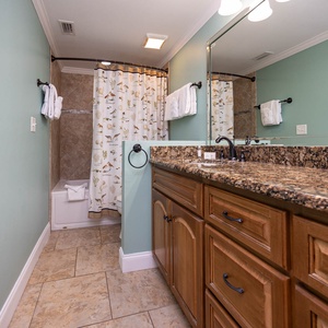 Refresh in this master bathroom featuring a spacious vanity, stylish decor, and a relaxing tub-shower for unwinding