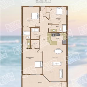 Spacious ground floor layout with three bedrooms, a cozy living area, and the master with beach patio access