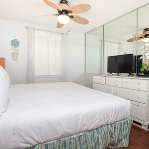The master bedroom features a comfortable king bed, a TV, and bright decor with a tropical theme, perfect for relaxation