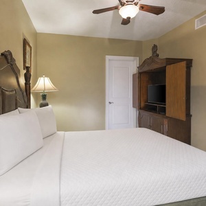 This guest bedroom features a comfortable bed, a TV for entertainment, and warm, inviting decor