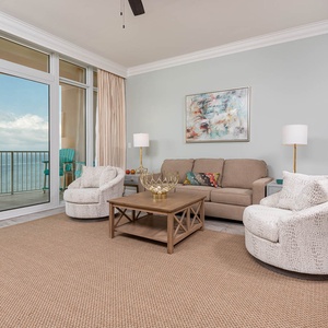 Relax in plush chairs or cozy sofa with queen sleeper and step onto the balcony to feel the gulf breeze
