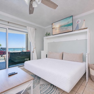 The built-in murphy bed easily folds away to create a spacious and versatile living area