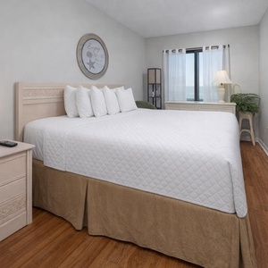 The master bedroom features a king bed with fluffy pillows and a lovely beach view through large windows