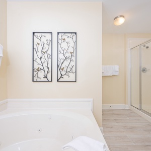 Relax in this inviting master bath featuring a jetted tub, modern decor, and a spacious walk-in shower