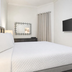 This guest bedroom features a sleek TV, soft white bedding on the king, and a stylish mirror, perfect for a restful getaway