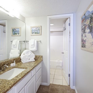Master bath featuring a granite countertop, neatly arranged towels, and artwork, with a tub/shower combo