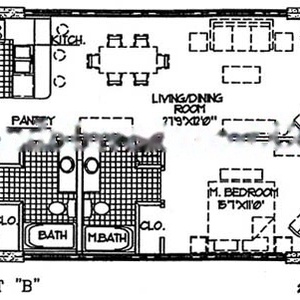 The floor plan showcases a well-designed 2-bedroom, 2-bath layout with a spacious living/dining area and a functional kitchen