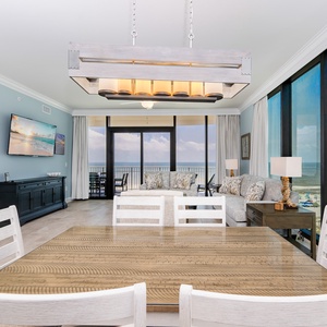 Dine at the rustic table while enjoying views of the beach for family meals or a fun game night