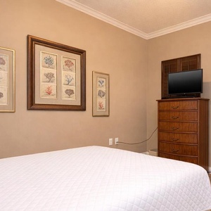 Cozy guest bedroom featuring a queen bed, framed coral art, and a mounted TV above a wooden dresser