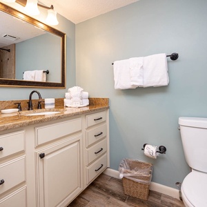 Refresh in this guest bathroom featuring a spacious vanity, elegant mirror, and neatly arranged towels