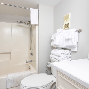Refreshing master bath featuring a tub/shower combo, plush towels, and a stylish plant for a refreshing touch