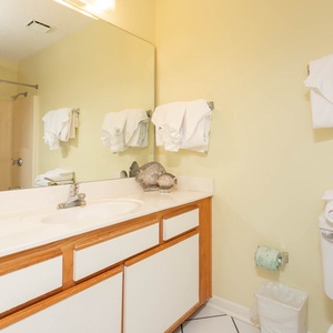 Bright guest bath featuring a spacious vanity, tub/shower combo, and neatly arranged towels for a refreshing experience