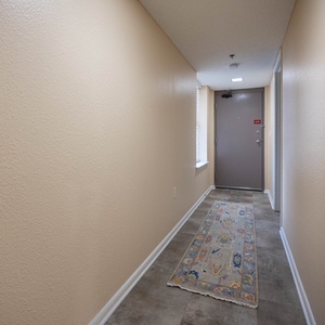 Welcoming hallway features soft beige walls, a decorative area rug, and a view of the entrance door with natural light