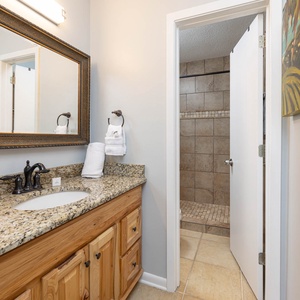 Refresh in the stylish master bathroom featuring a granite countertop, spacious walk-in shower, and decorative artwork