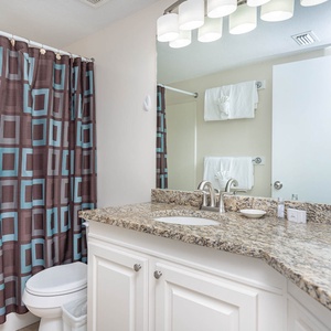 The master bathroom features a granite countertop, a chic shower curtain, and bright lighting for a refreshing experience