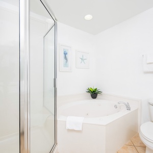 Indulge in relaxation in the master bath with a refreshing walk-in shower and soothing jetted tub