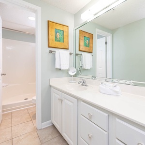 Discover the refreshing master bath with a spacious vanity and spacious walk-in shower