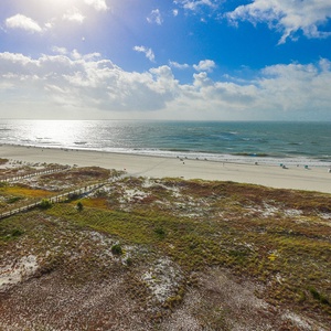 Expansive view of the beach with gentle waves lapping against the shore, framed by lush greenery and a bright blue sky