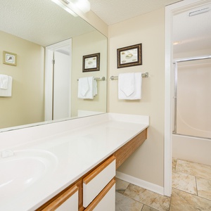 Master bath featuring a large vanity, decorative artwork, and a glass-enclosed shower for a refreshing experience