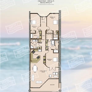 This floor plan features three bedrooms and four bathrooms, showcasing a spacious layout with a large living area and balcony