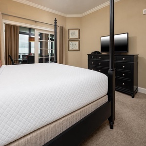 The master bedroom features a king bed, a sleek black dresser, and a TV, with inviting views through large windows