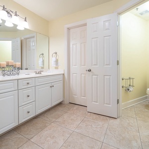 Experience the spacious master bathroom with a double vanity, elegant fixtures, and a separate walk-in shower area