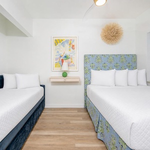 Cozy guest bedroom featuring a full bed and a twin daybed with twin trundle adorned with floral accents and modern decor