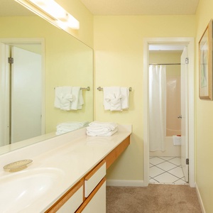 Bright master bathroom featuring a spacious countertop, plush towels, and a tub/shower combo behind a curtain