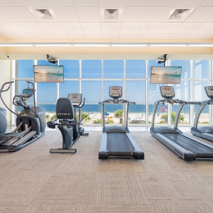 Stay active while enjoying beautiful Gulf views from the fitness room, featuring plenty of cardio equipment and weights for a great workout