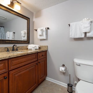 Wood cabinetry complements the granite countertop and large mirror in this elegant guest bath, featuring plush white towels