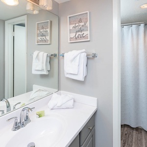 Stylish master bathroom featuring a spacious vanity, fresh towels, and inviting decor
