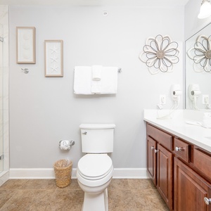 Bright and inviting guest bathroom featuring a walk-in shower, elegant decor, and ample counter space for a relaxing stay