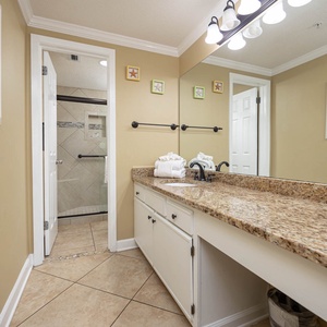 Enjoy the spacious master bath featuring a granite countertop, stylish decor, and a walk-in shower for your comfort