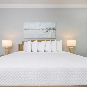 Unwind in this guest bedroom in the king bed with fluffy pillows, stylish decor, and large windows with inviting views