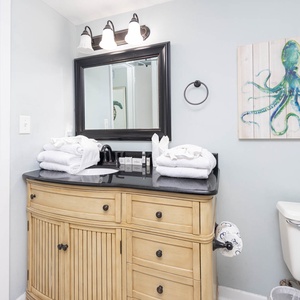 The bathroom features a stylish vanity with a black countertop, plush towels, and vibrant octopus artwork