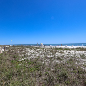 A serene view of the beach with white sand and gentle waves, framed by grassy dunes and a clear blue sky