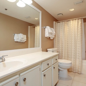 Master bathroom featuring a spacious countertop, a tub/shower combo, and neatly arranged towels for a refreshing experience
